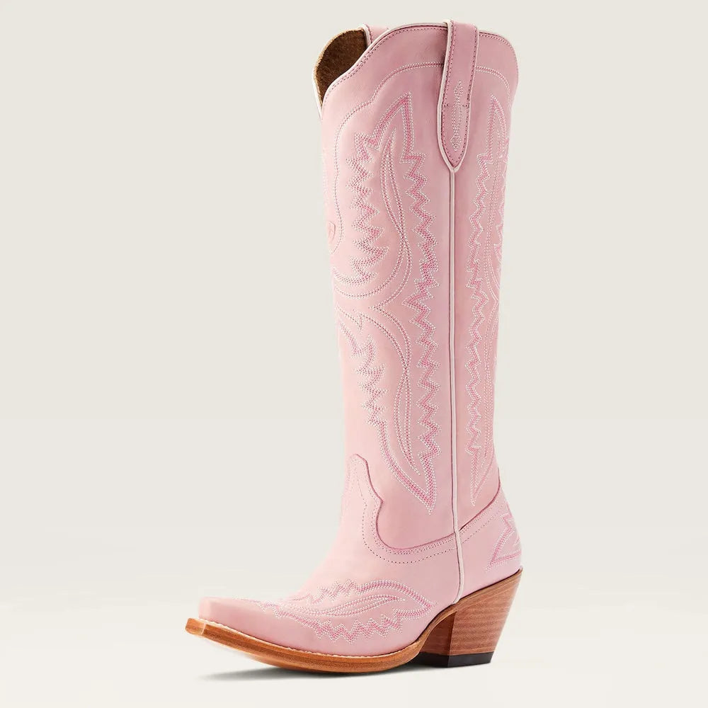 Patterned zip-up stacked pointed-toe tall boots