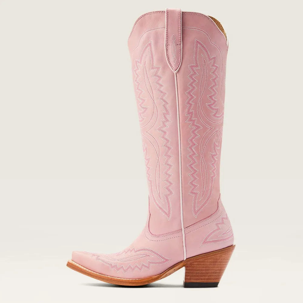 Patterned zip-up stacked pointed-toe tall boots