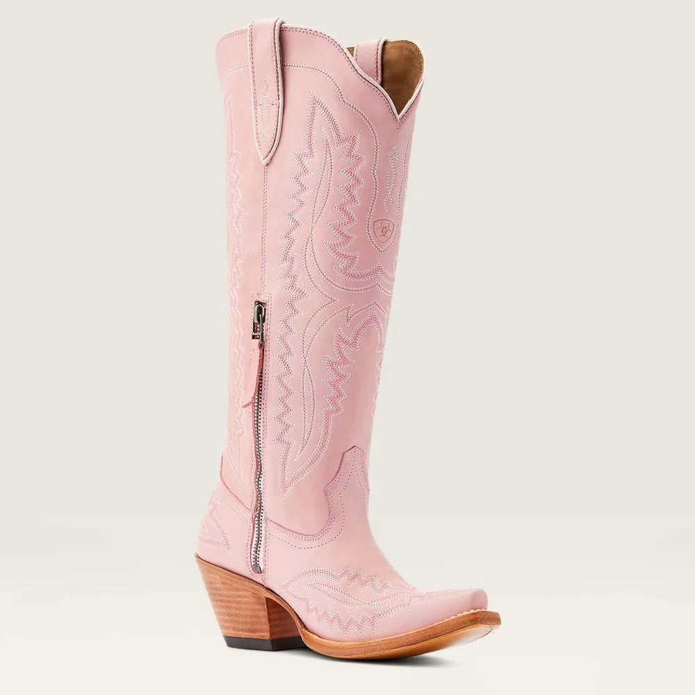 Patterned zip-up stacked pointed-toe tall boots