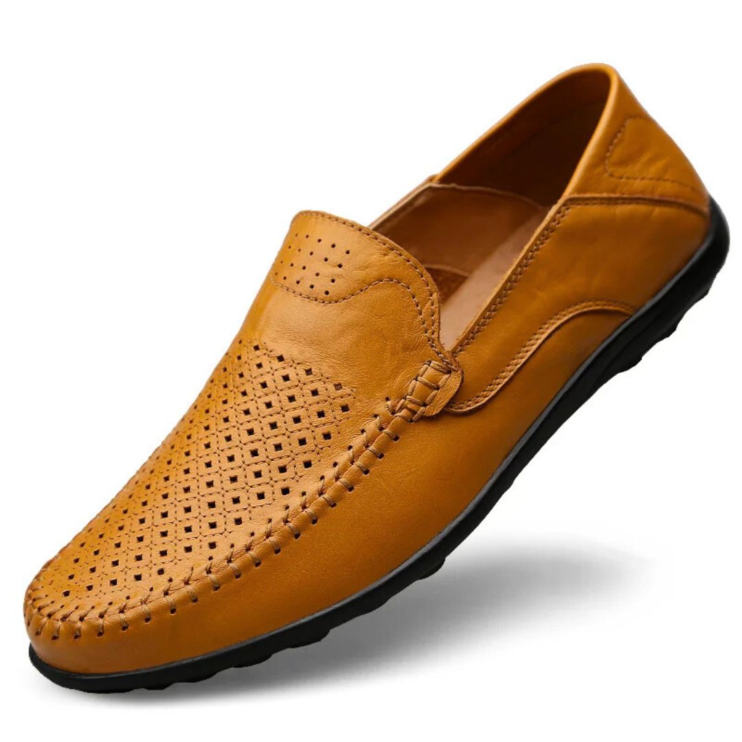 Perforated stitched panel low-profile flat loafers