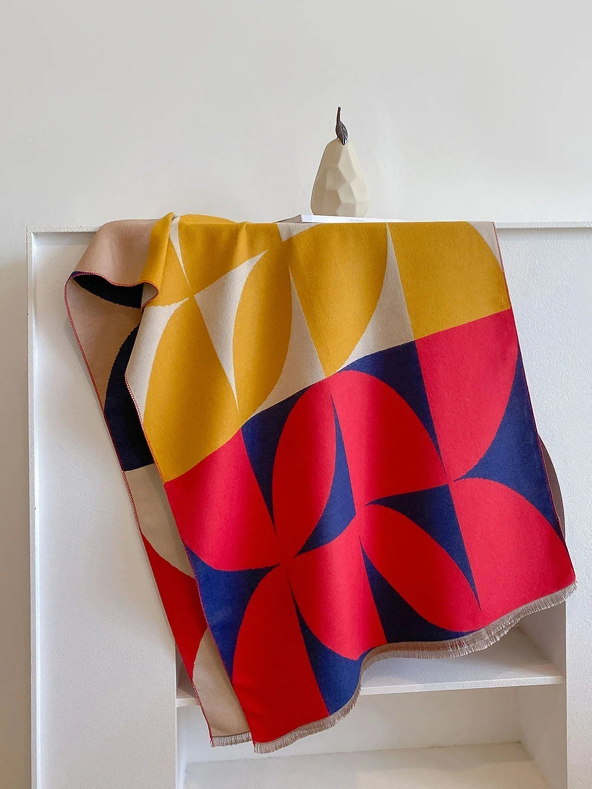 Geometric long rectangular scarf with fringes