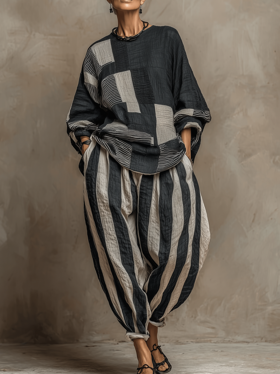 Damski Komplet Dresowy Oversize - Bluzka Patchwork i Spodnie w Paski