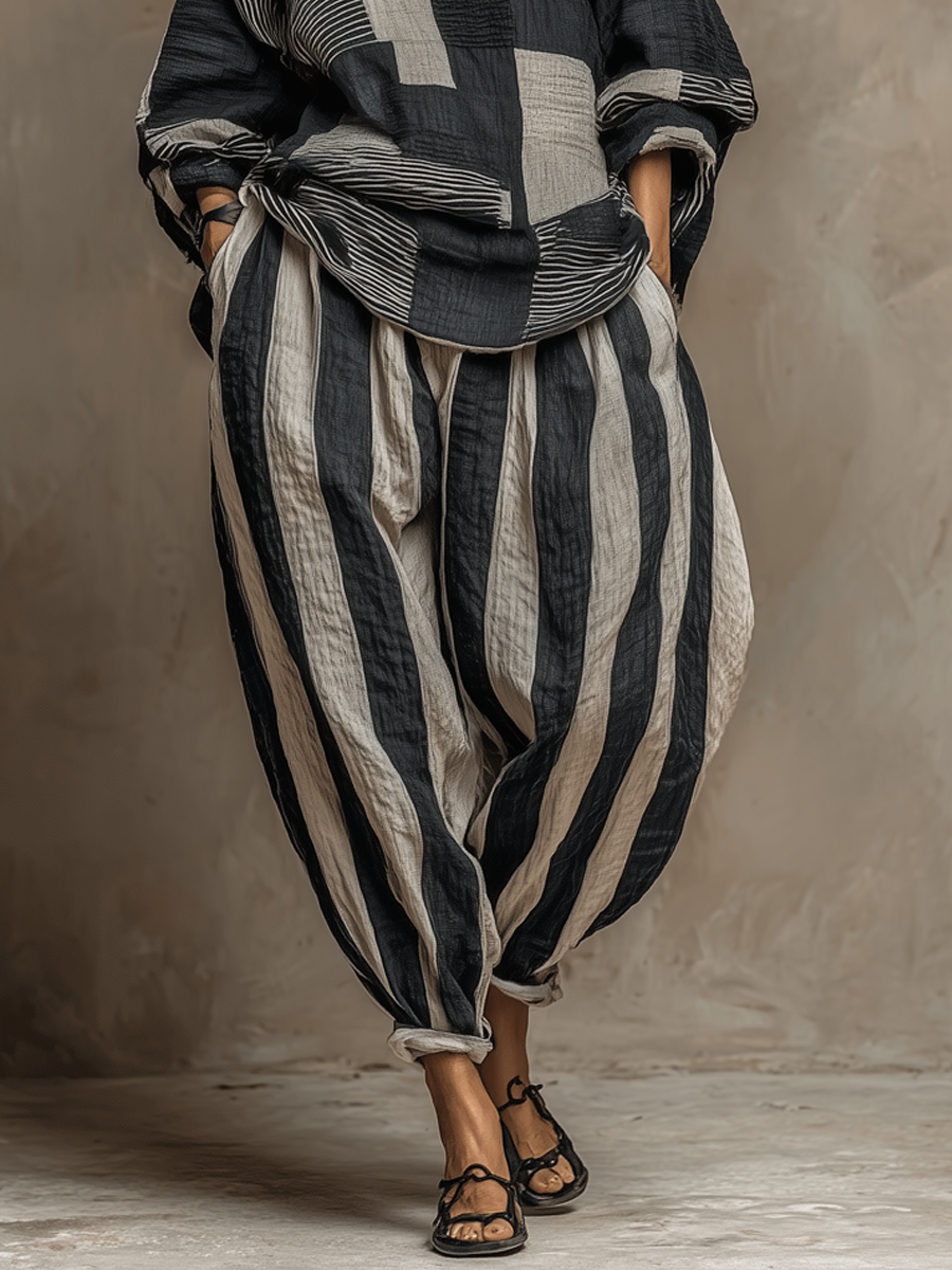 Damski Komplet Dresowy Oversize - Bluzka Patchwork i Spodnie w Paski