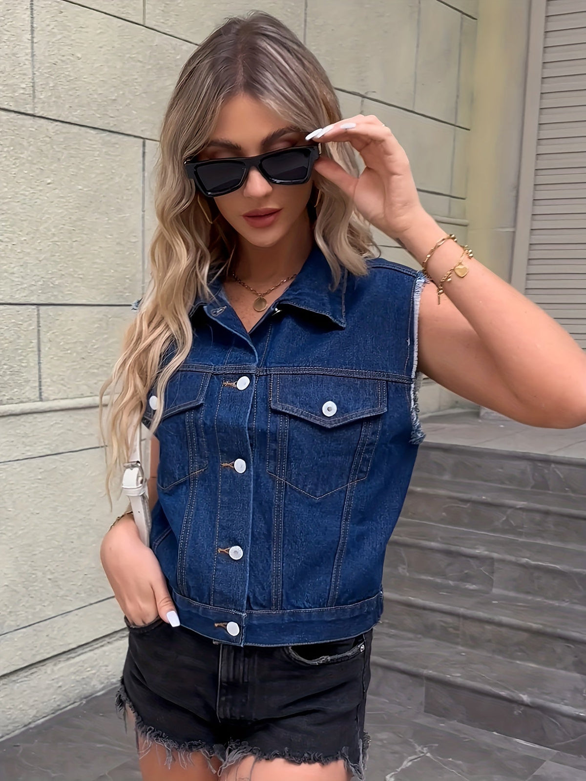 Frayed-edge collarless cropped jacket with buttons and pockets
