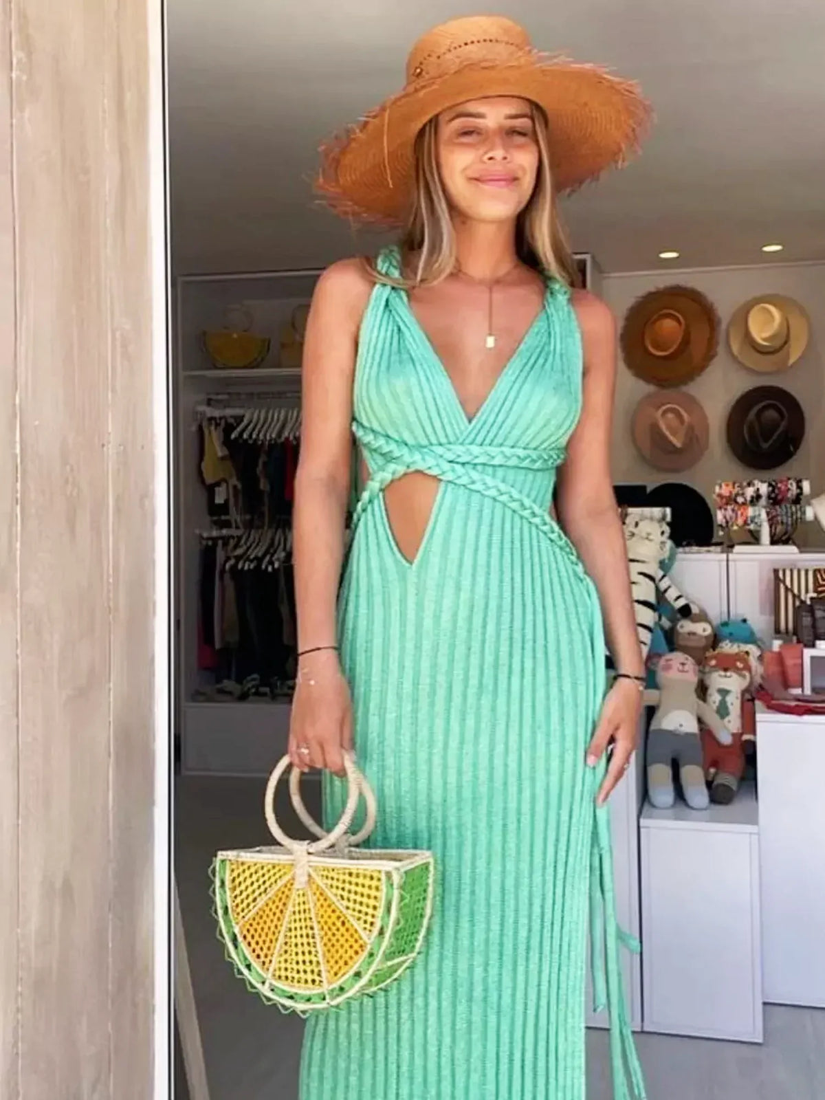 Maxi dress with a V-neckline, cutout, and high slit