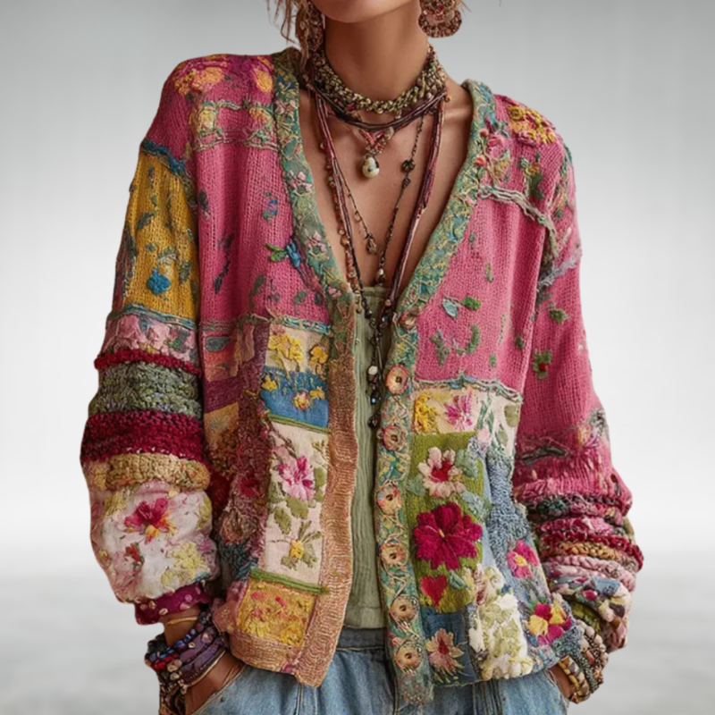 Damski Kardigan Oversize z Kwiatowym Haftem Patchwork