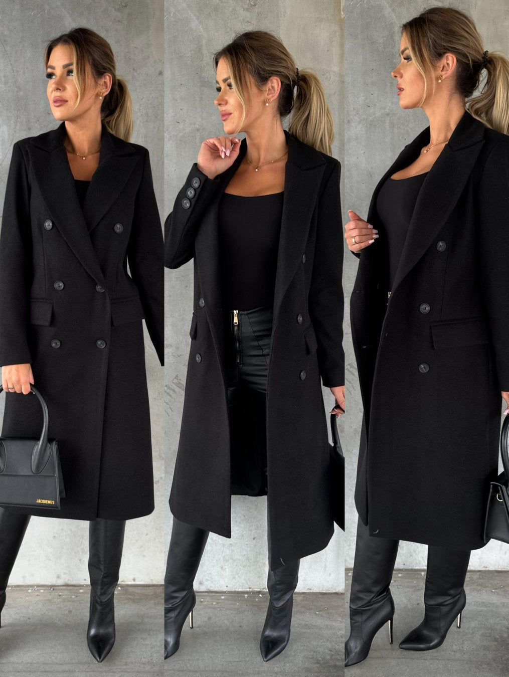 Long collared button-front coat