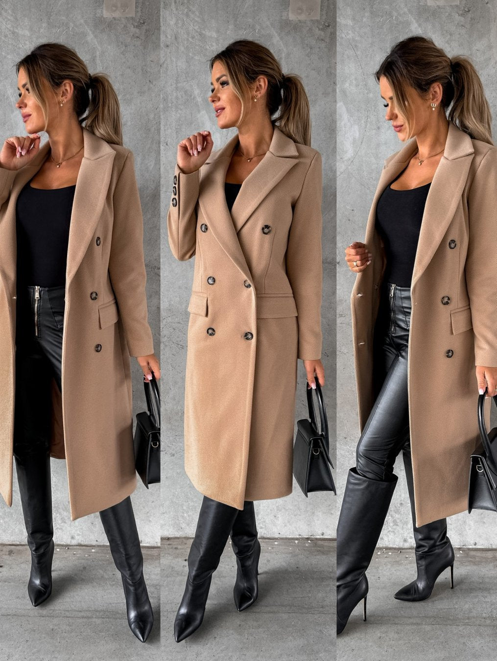 Long collared button-front coat
