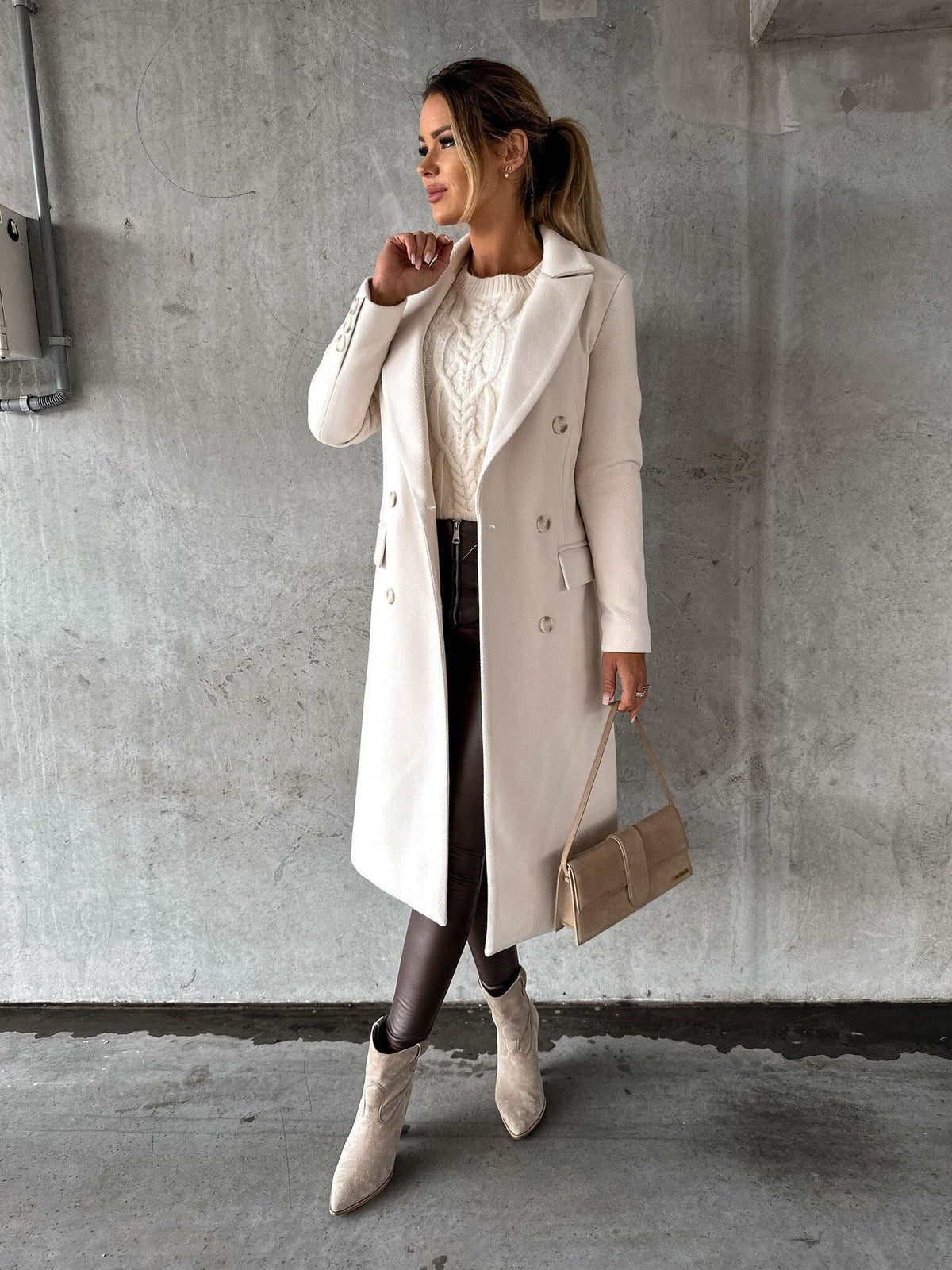 Long collared button-front coat