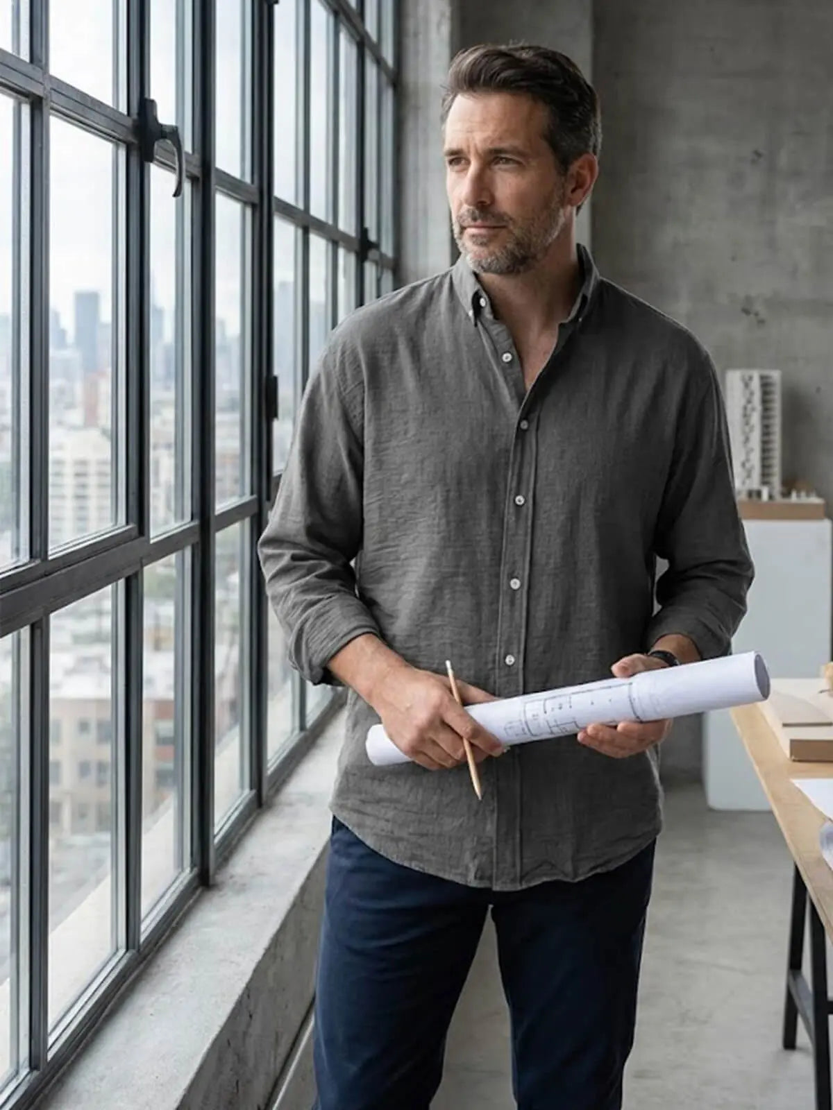 Textured rounded-fit collared shirt with button fastening and cuffs
