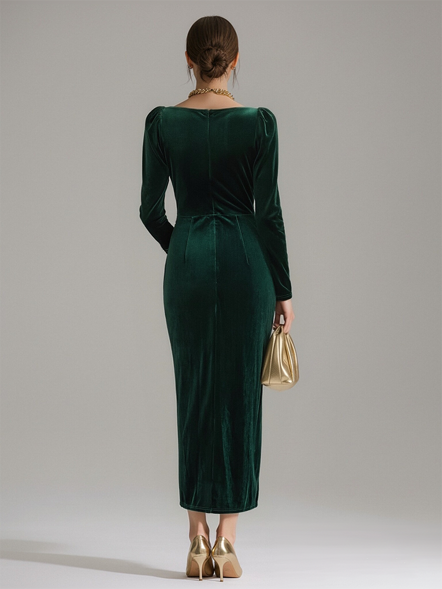 Asymmetrical fitted ruched midi dress with a bateau neckline