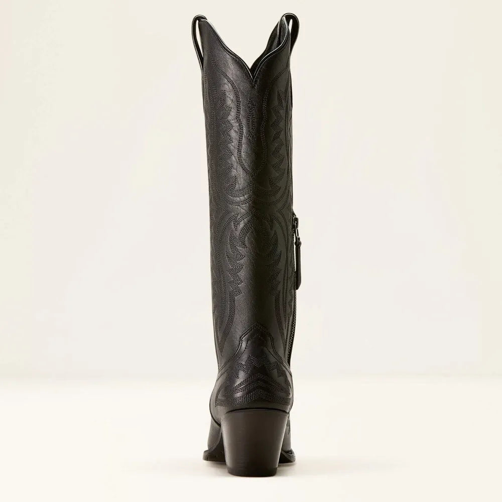 Patterned zip-up stacked pointed-toe tall boots