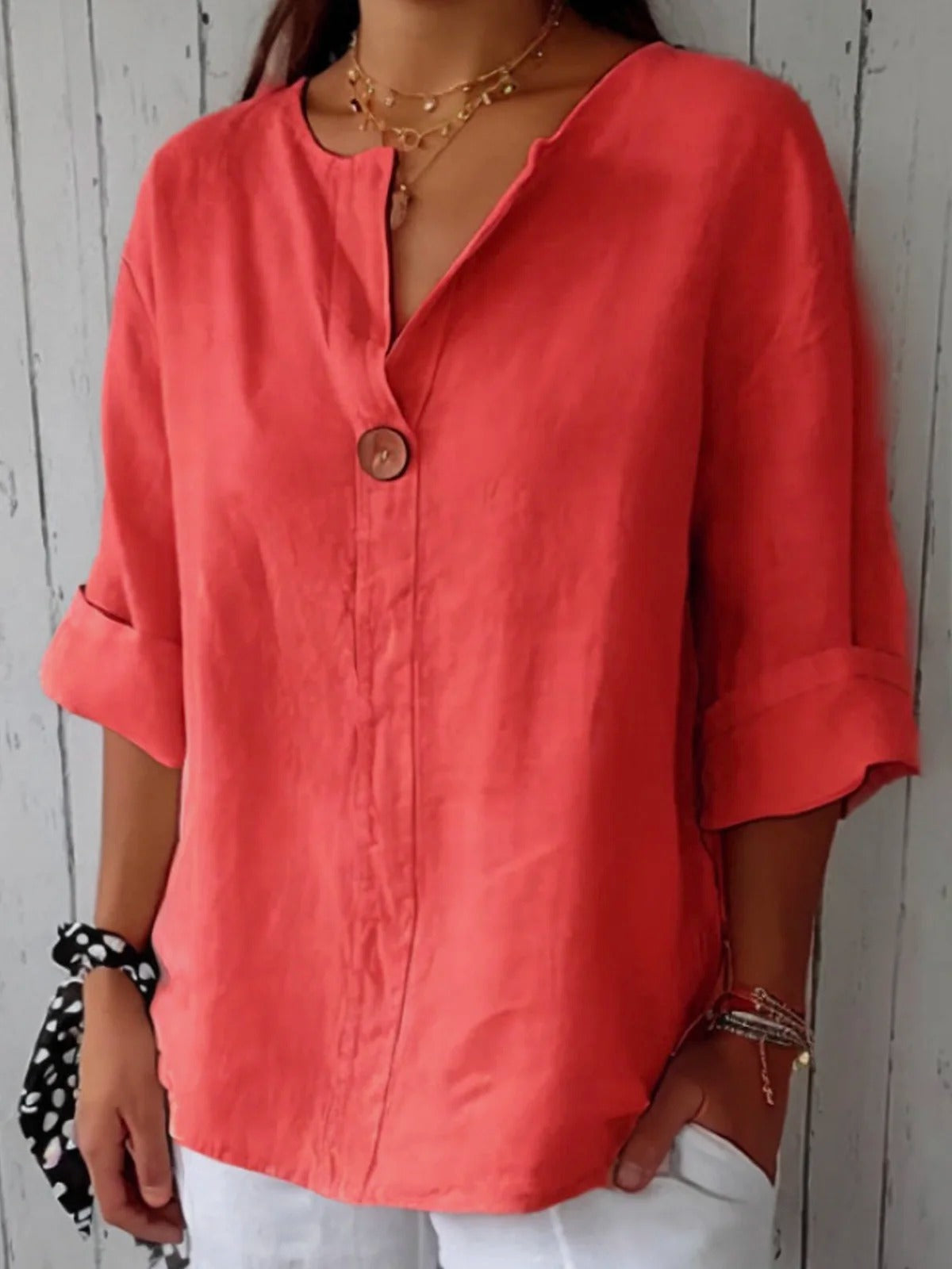 Button-Front Blouse with Cutout, Loose, Solid