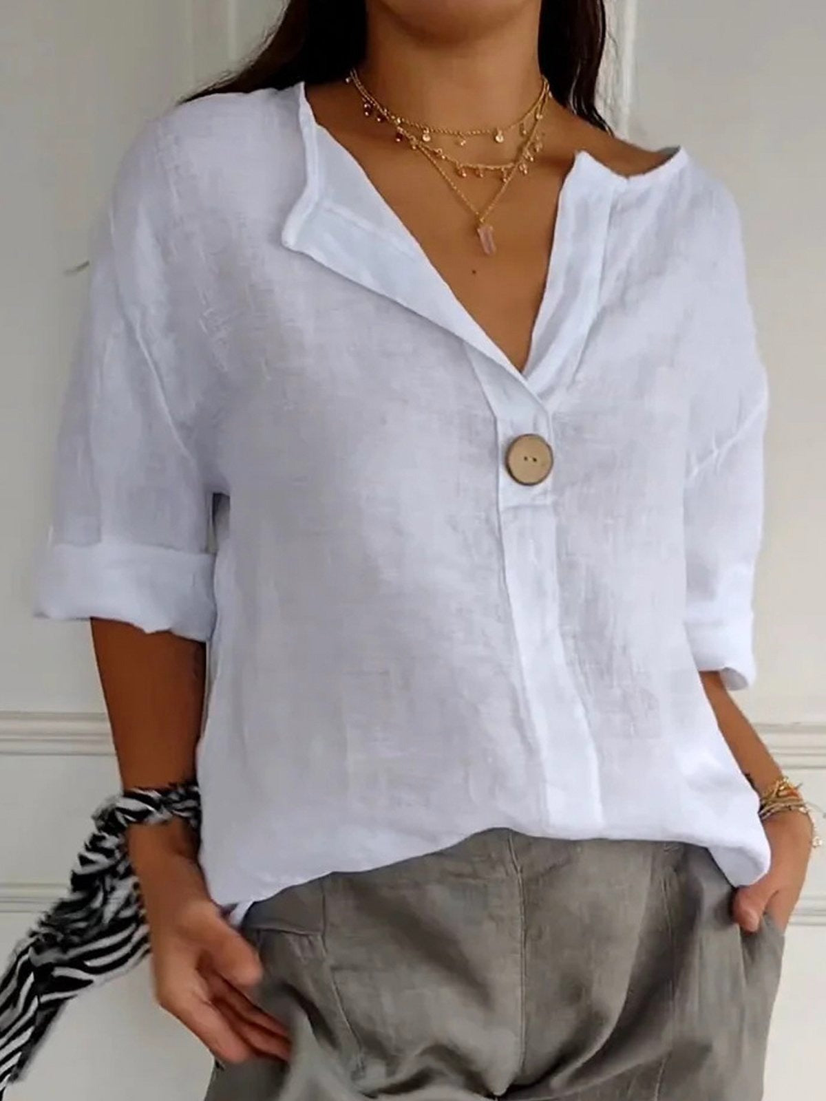 Button-Front Blouse with Cutout, Loose, Solid
