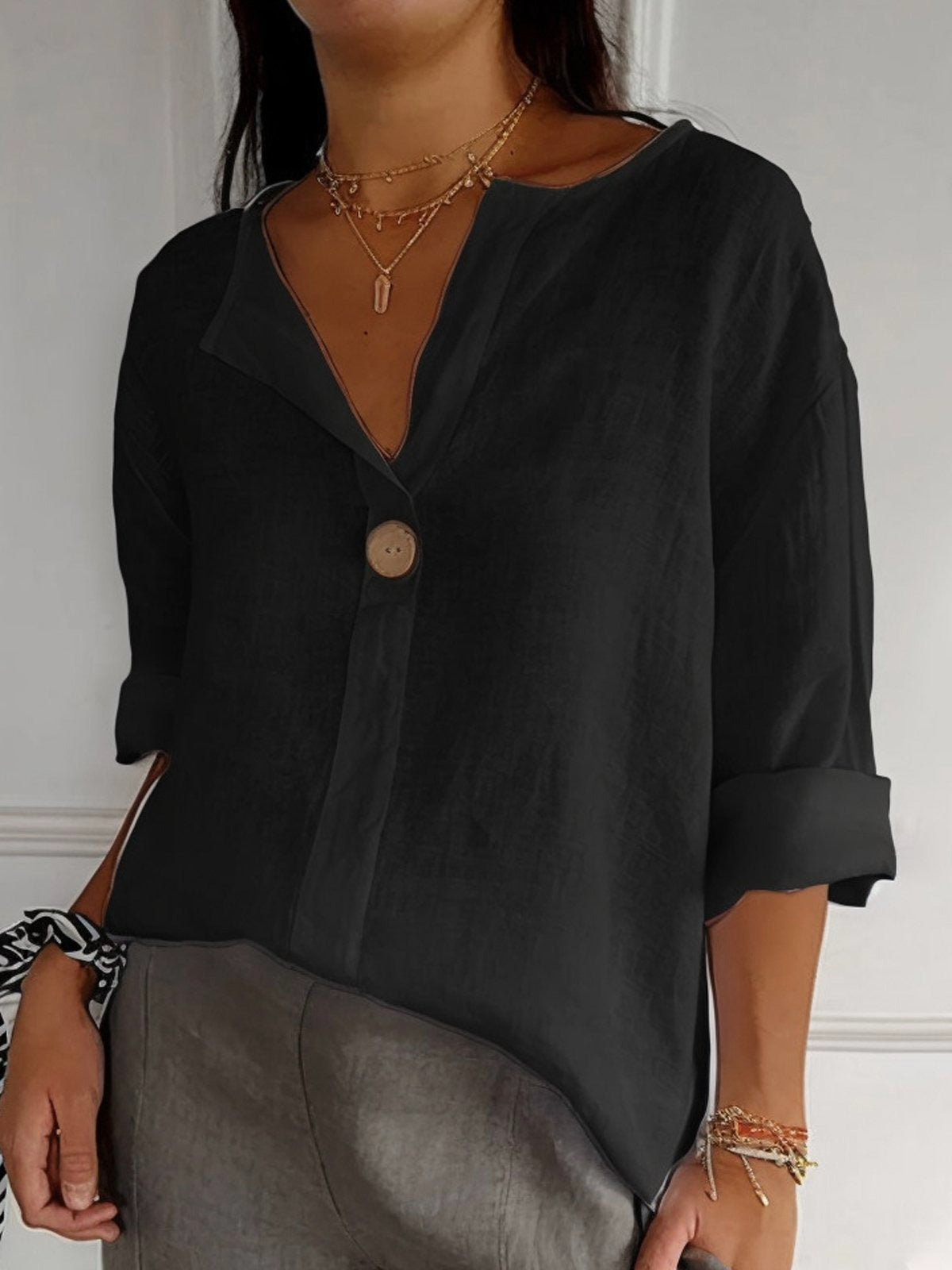 Button-Front Blouse with Cutout, Loose, Solid