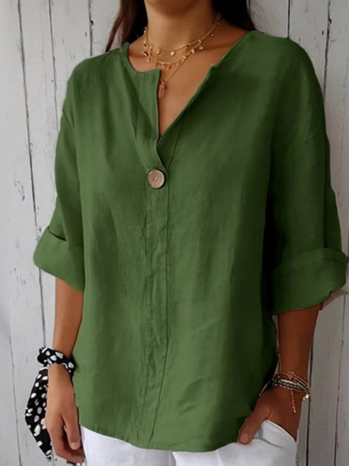 Button-Front Blouse with Cutout, Loose, Solid