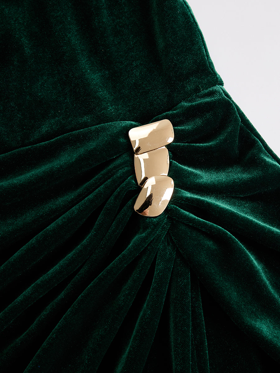 Asymmetrical fitted ruched midi dress with a bateau neckline