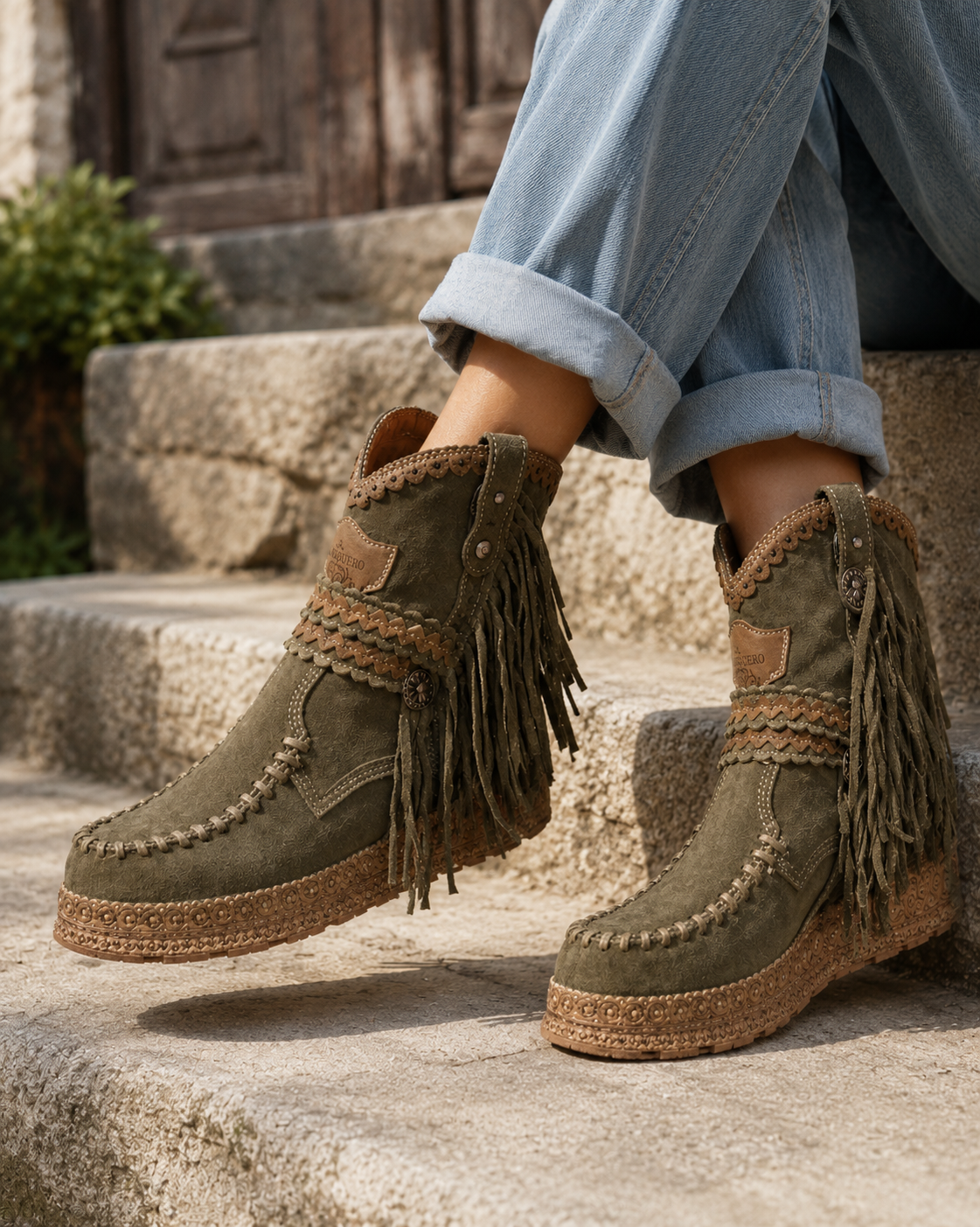 Frędzlowe Botki Kowbojki w Stylu Boho dla Kobiet