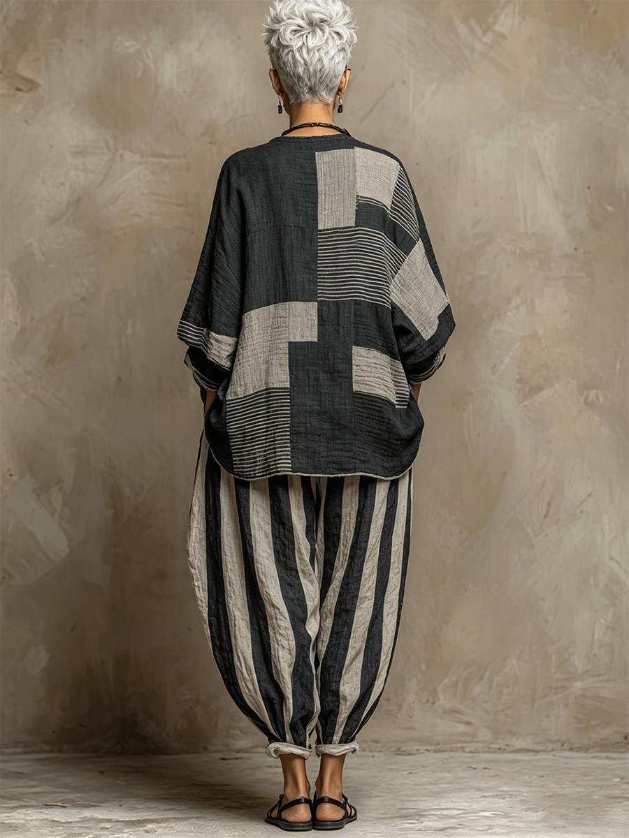Damski Komplet Dresowy Oversize - Bluzka Patchwork i Spodnie w Paski