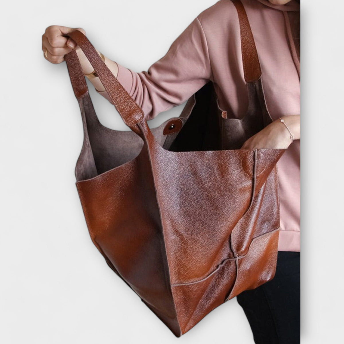 Loose Oversized Structured Stitched Foldover Bag with Pockets