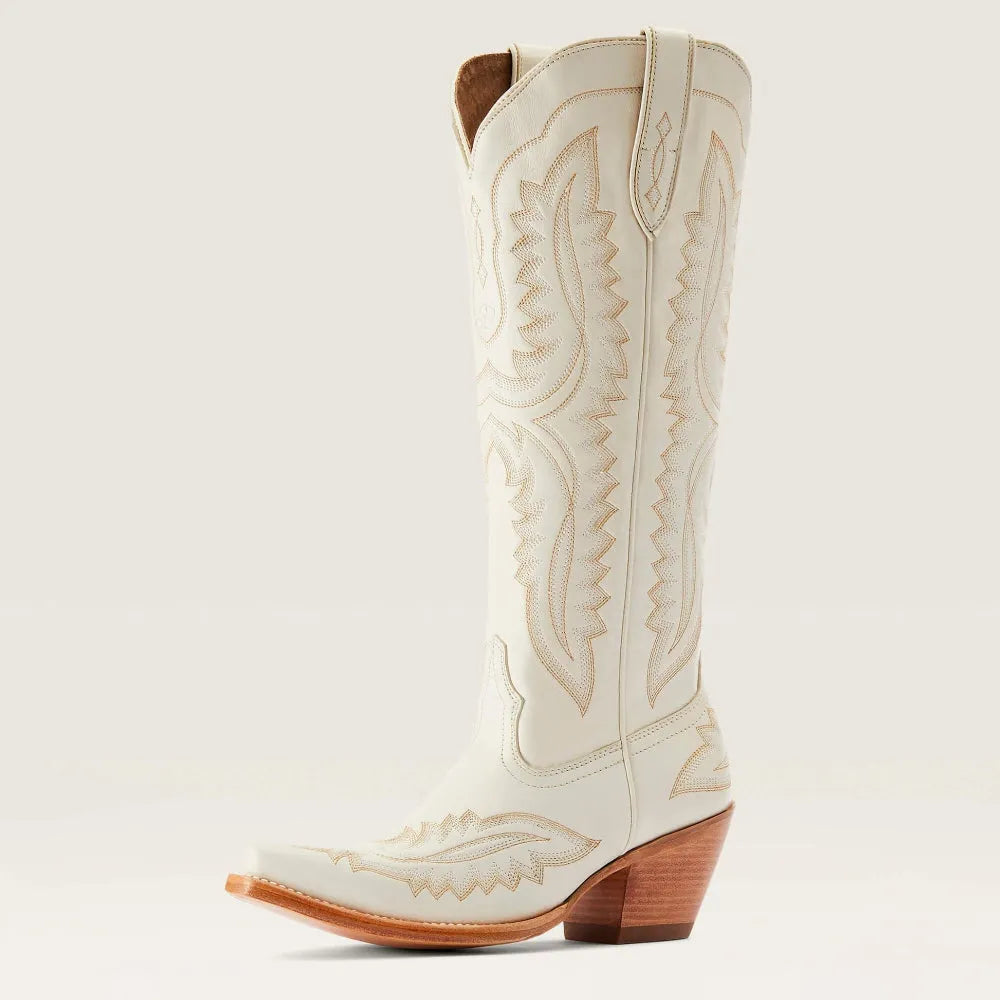 Patterned zip-up stacked pointed-toe tall boots