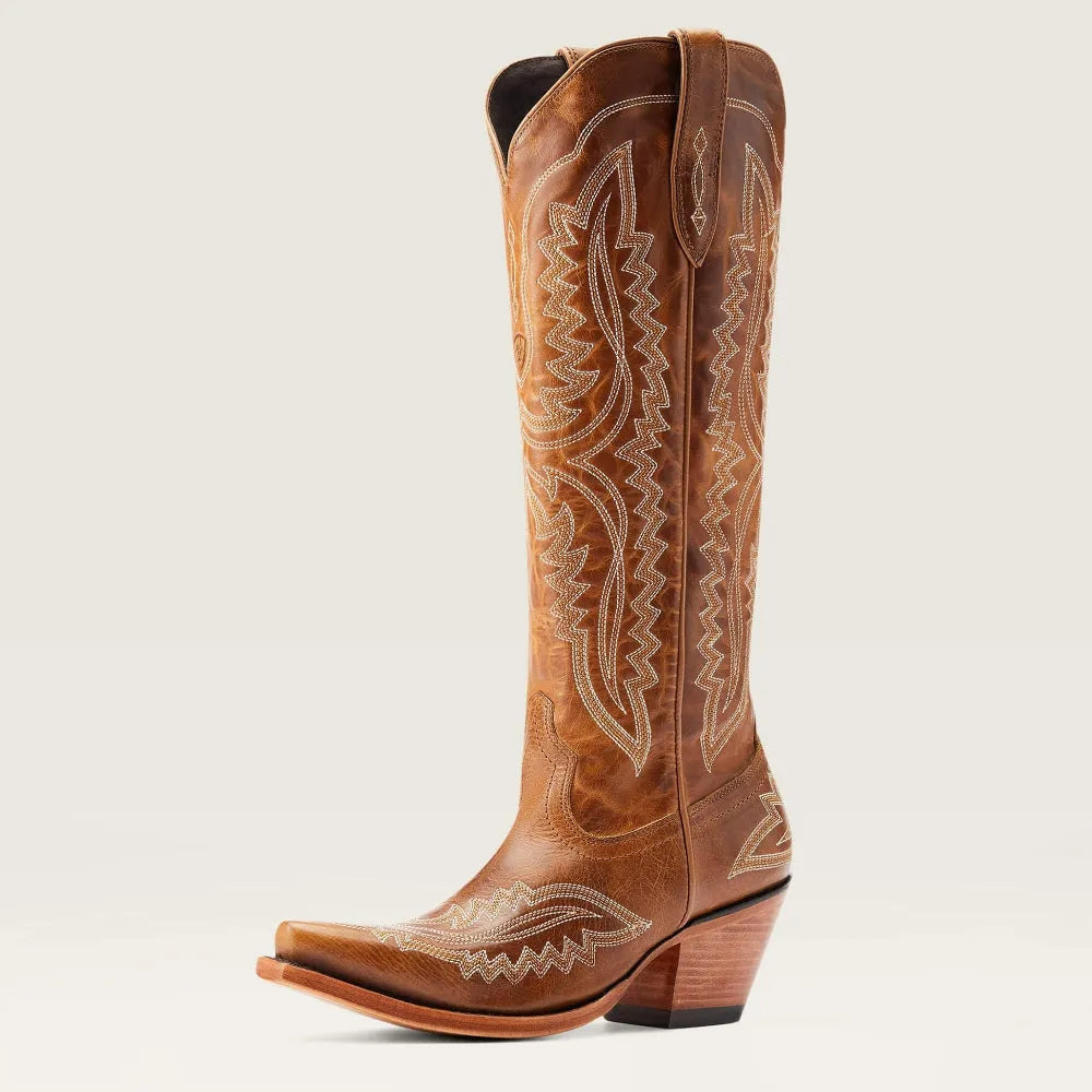 Patterned zip-up stacked pointed-toe tall boots