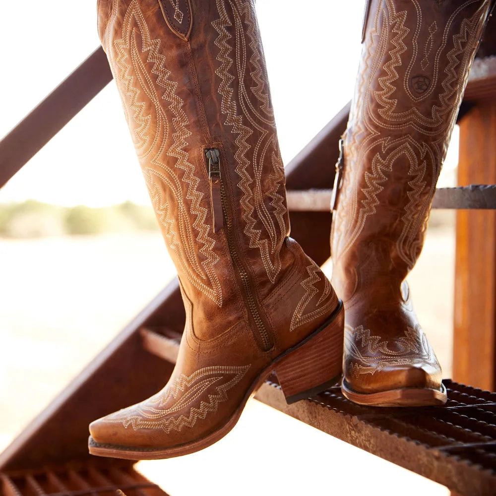 Patterned zip-up stacked pointed-toe tall boots