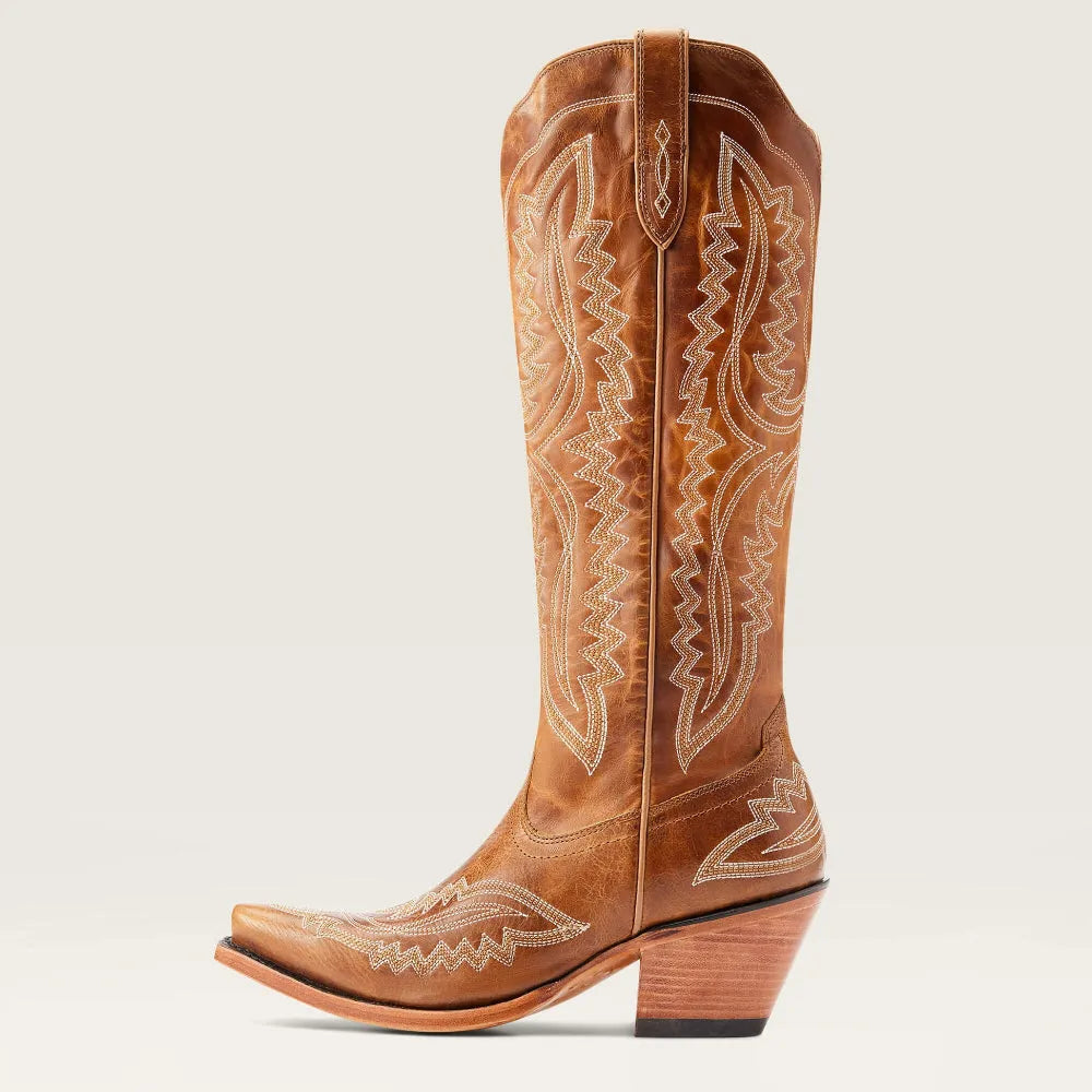 Patterned zip-up stacked pointed-toe tall boots