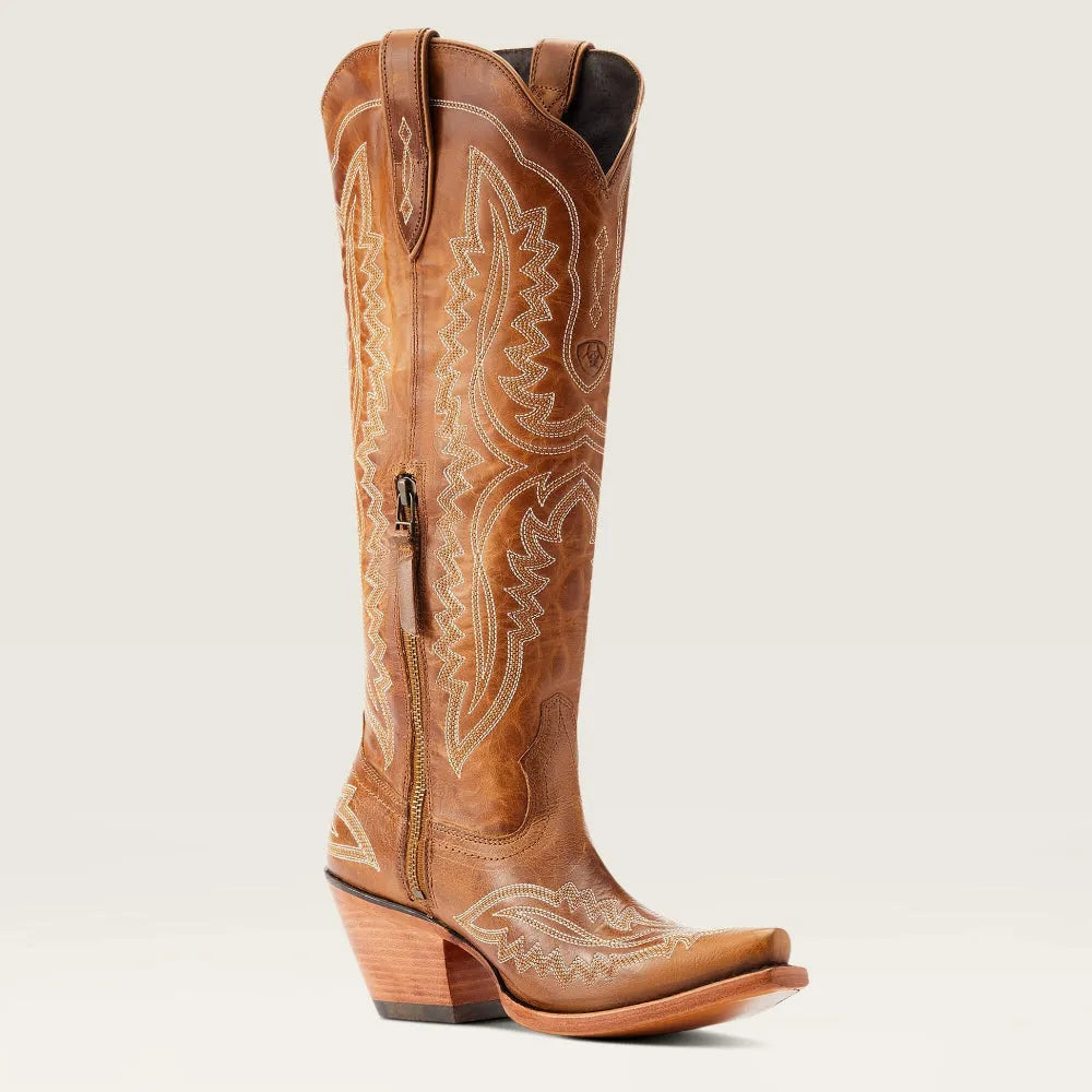 Patterned zip-up stacked pointed-toe tall boots