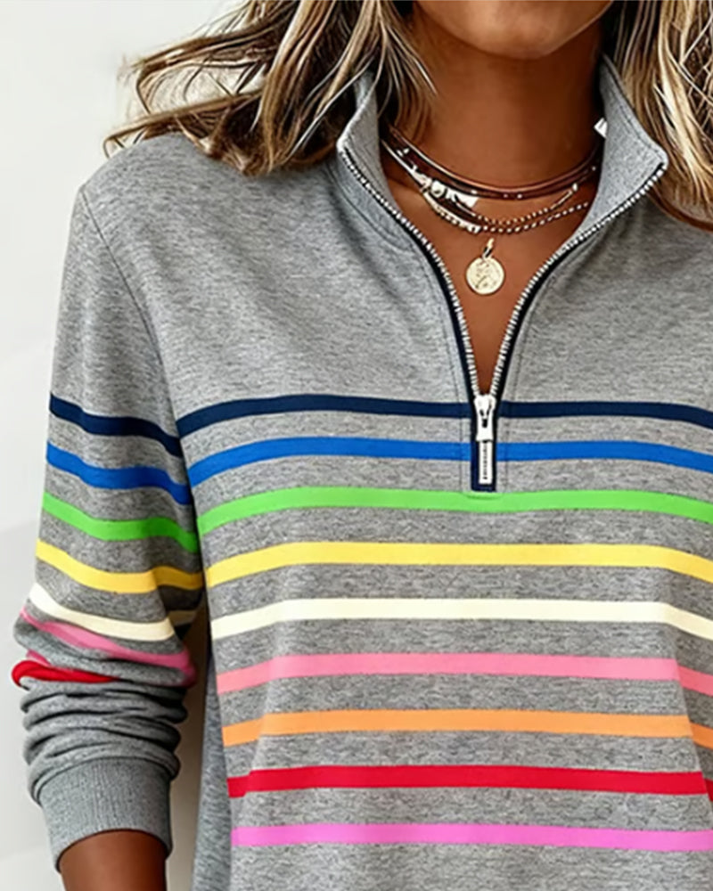 Bluza Damska ze Stójką i Krótkim Zamkiem w Kolorowe Paski