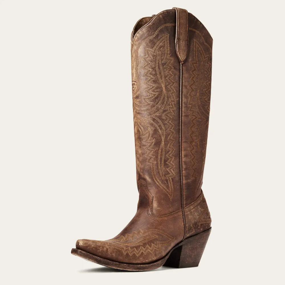 Patterned zip-up stacked pointed-toe tall boots