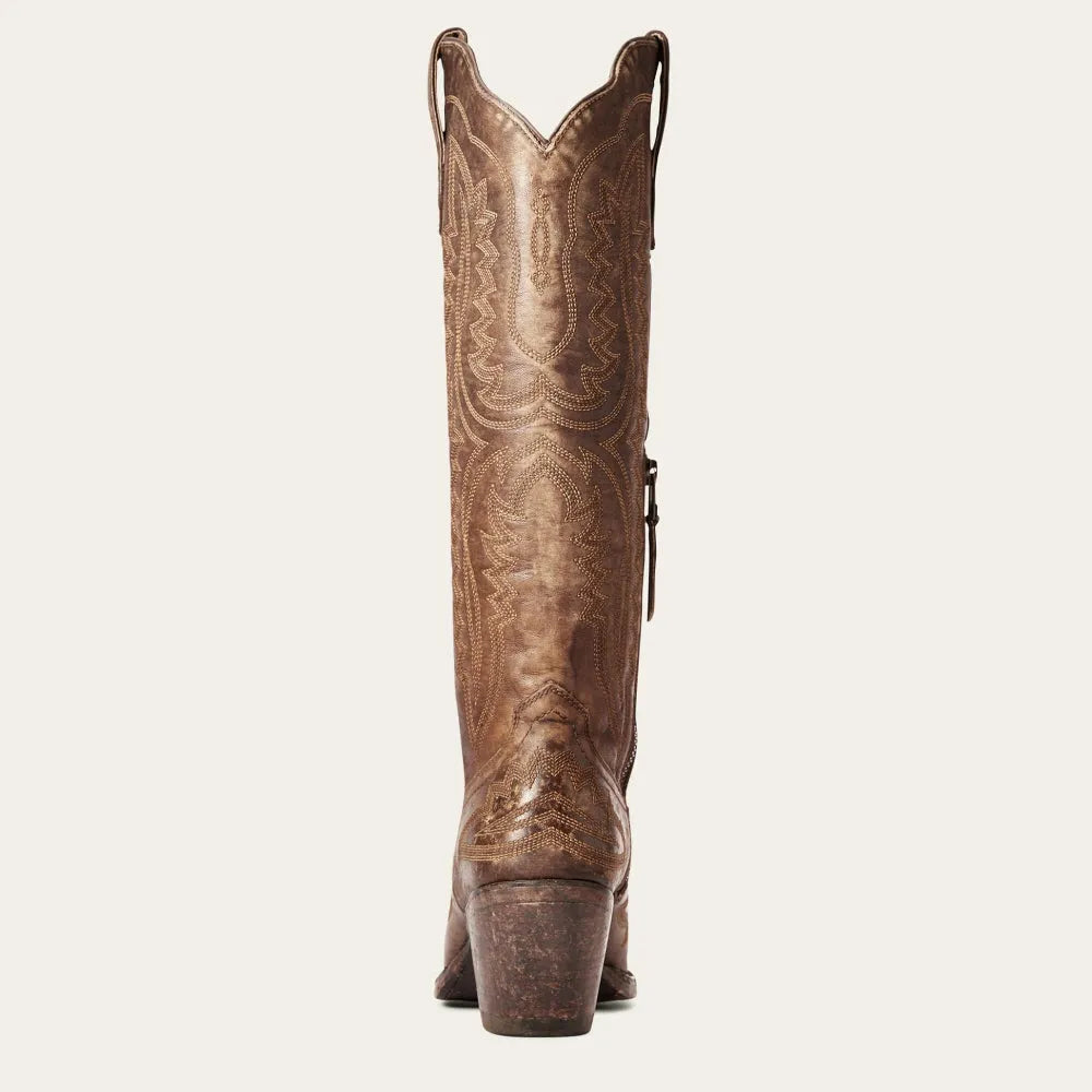 Patterned zip-up stacked pointed-toe tall boots