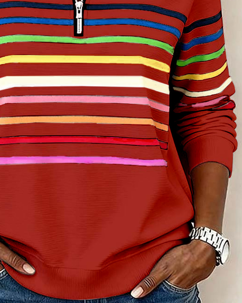 Bluza Damska ze Stójką i Krótkim Zamkiem w Kolorowe Paski
