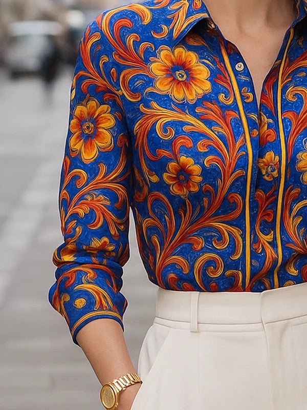 Button-front blouse with a floral pattern
