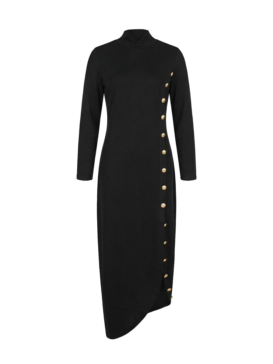 Button-front maxi dress with a stand collar and long sleeves