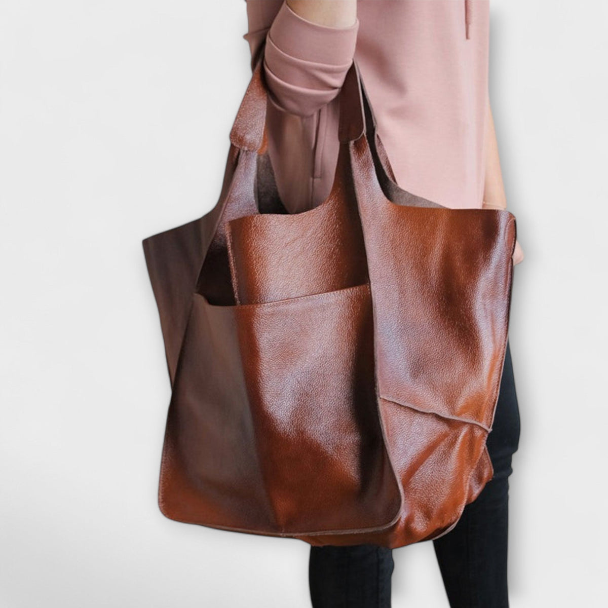 Loose Oversized Structured Stitched Foldover Bag with Pockets