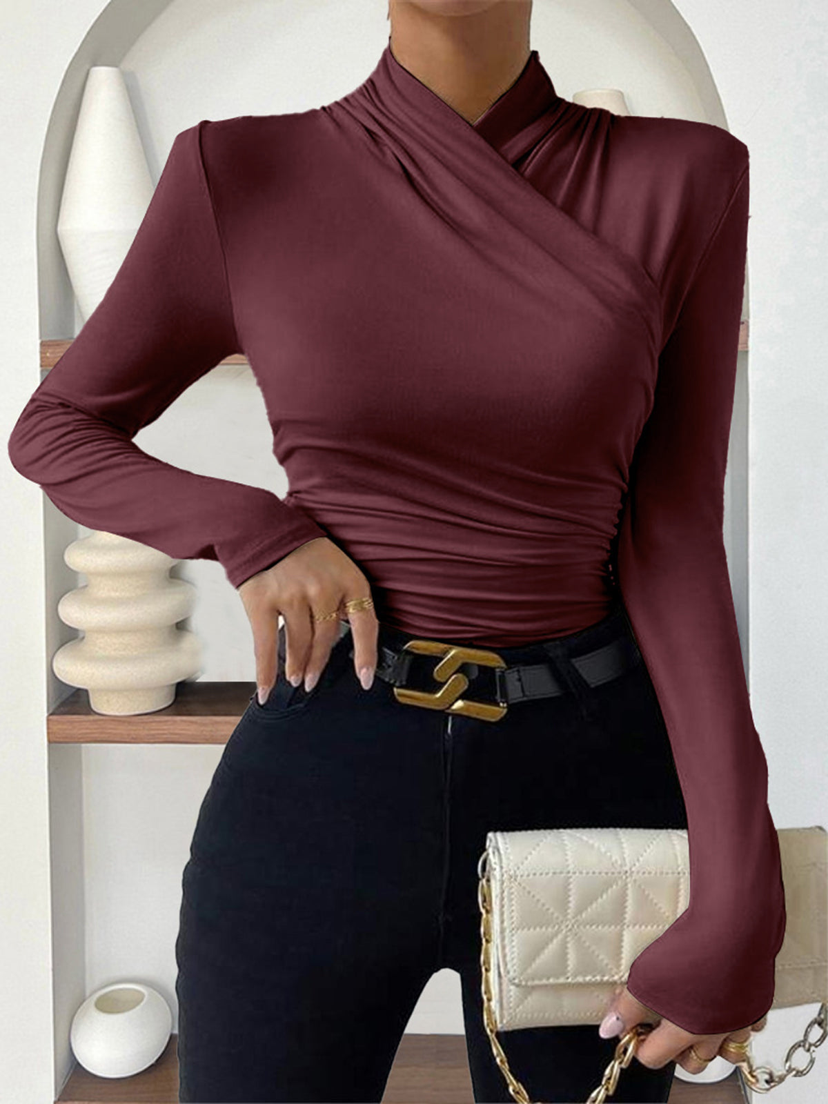 Fitted Long-Sleeve Blouse with Draping