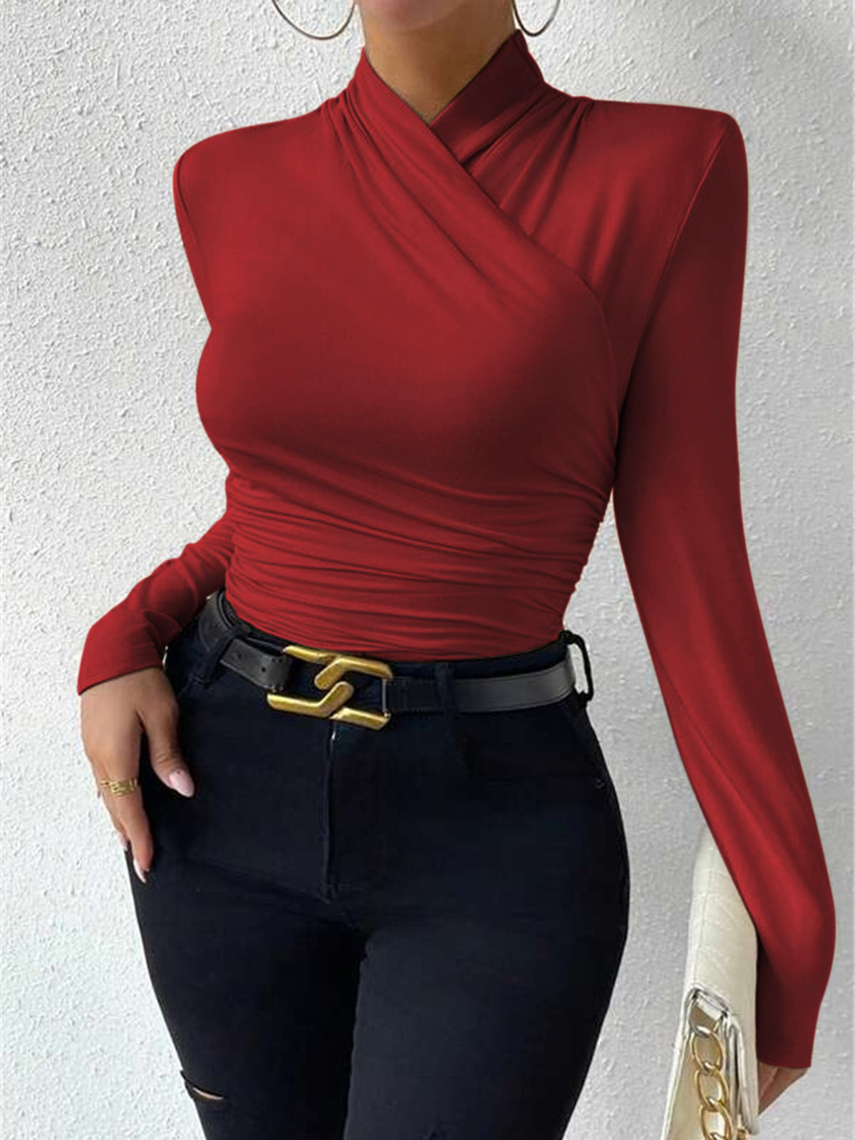 Fitted Long-Sleeve Blouse with Draping