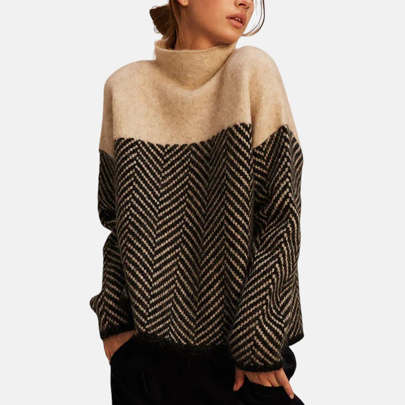 Damski Sweter z Golfem w Jodełkę Oversize