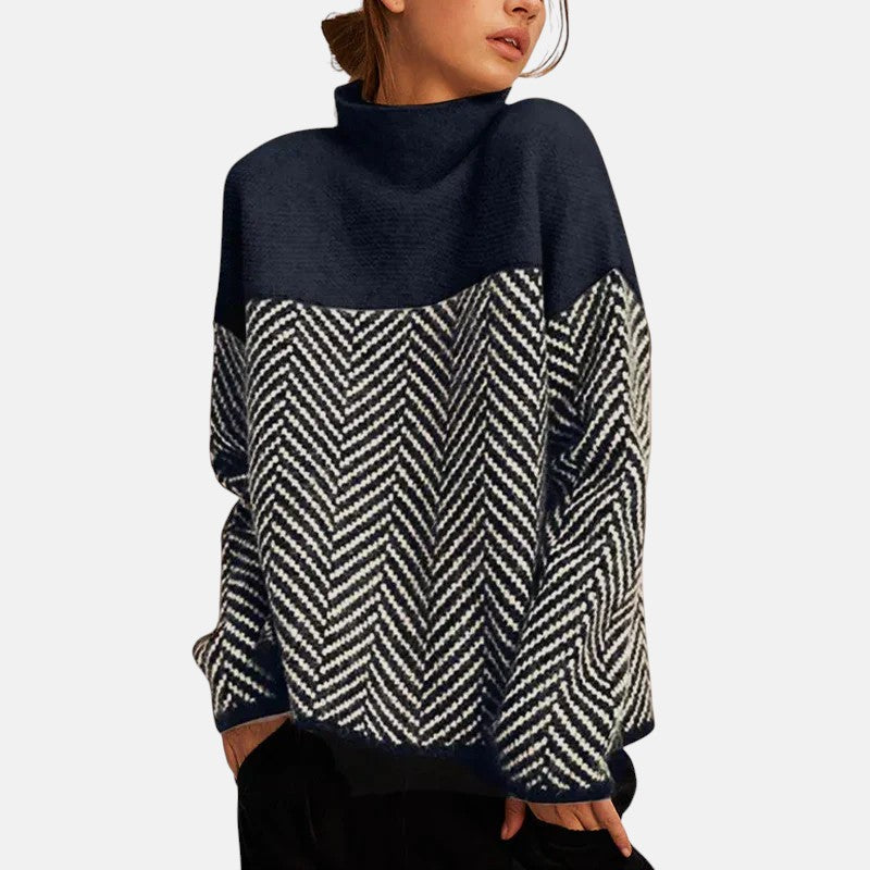 Damski Sweter z Golfem w Jodełkę Oversize