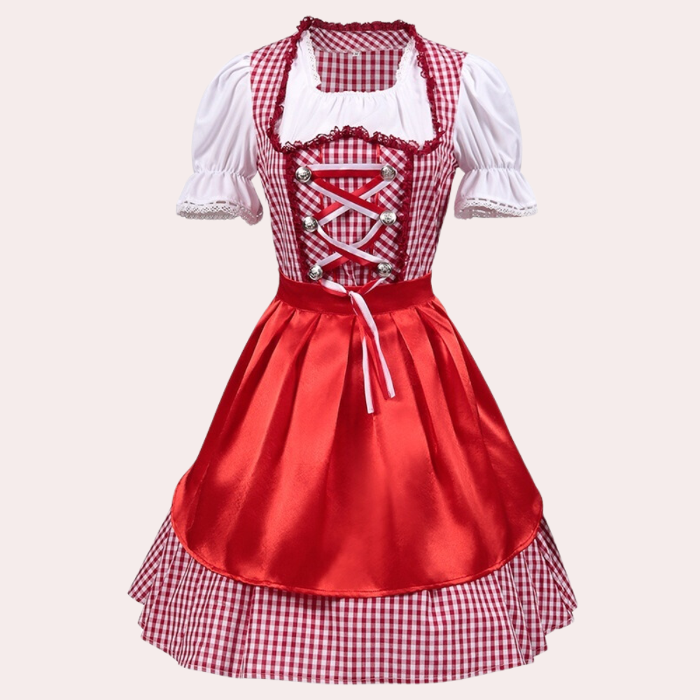 Kraciasta Sukienka Dirndl z Wiązaniem i Krótkim Rękawem