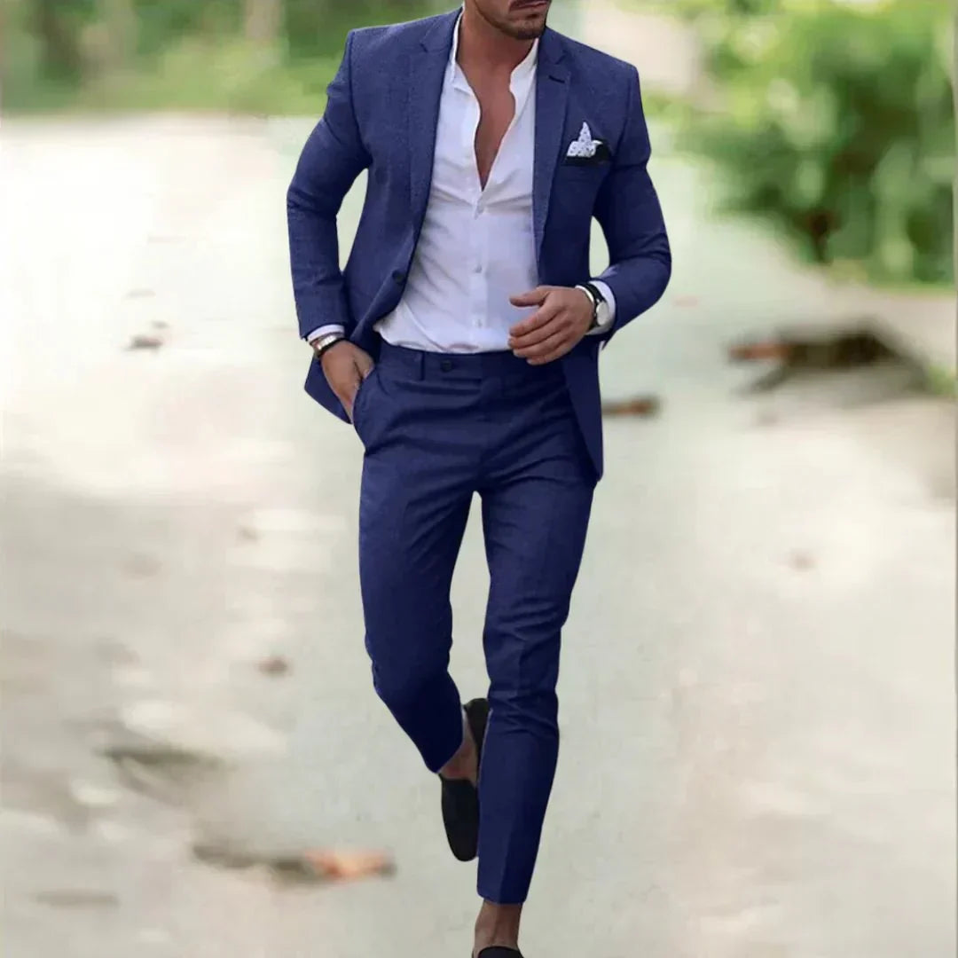 Textured Fitted Suit Set with Lapels, Single-Breasted Closure, Padding, and Ribbing