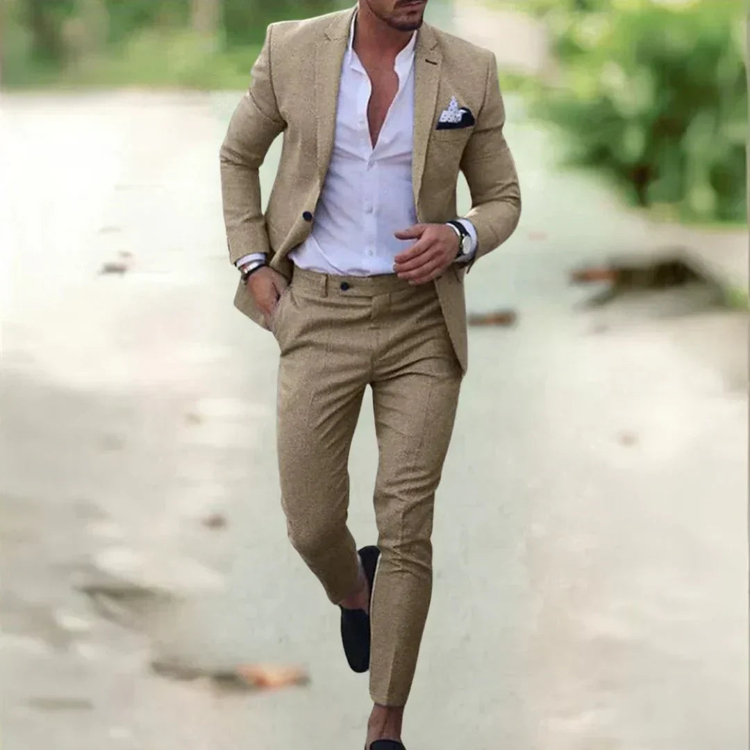 Textured Fitted Suit Set with Lapels, Single-Breasted Closure, Padding, and Ribbing