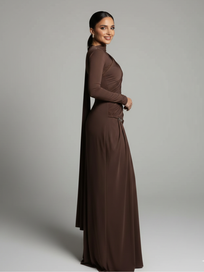 Asymmetrical long-sleeved maxi dress with draping