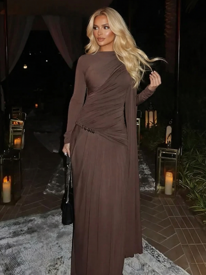 Asymmetrical long-sleeved maxi dress with draping