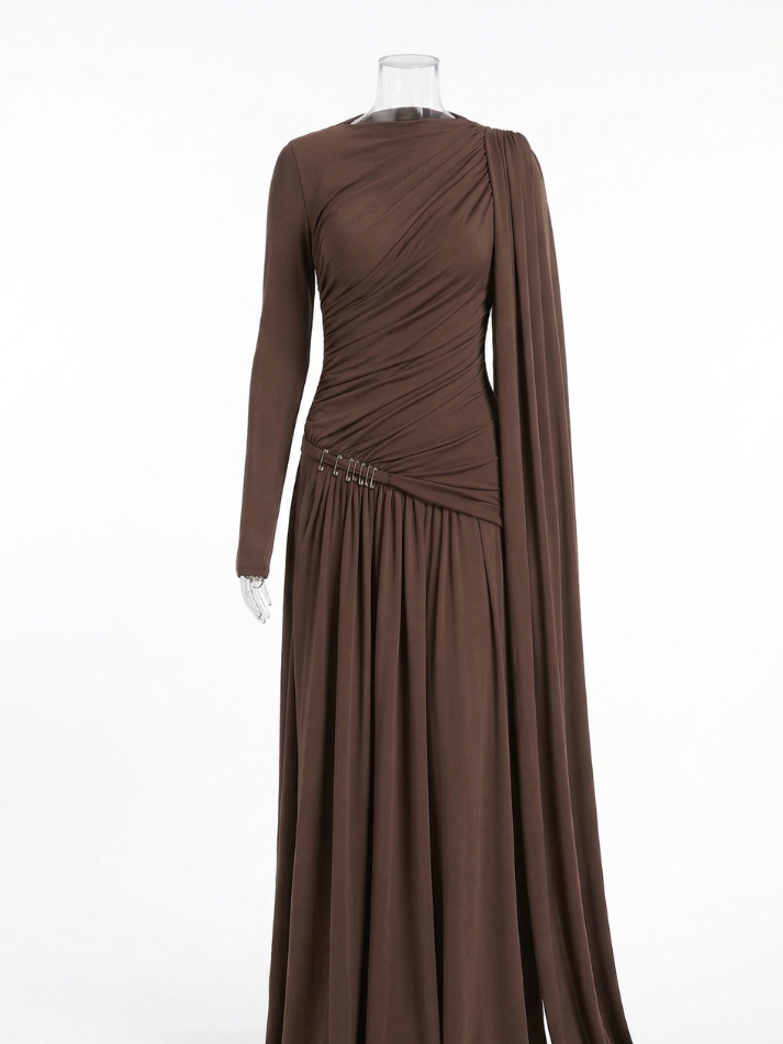 Asymmetrical long-sleeved maxi dress with draping