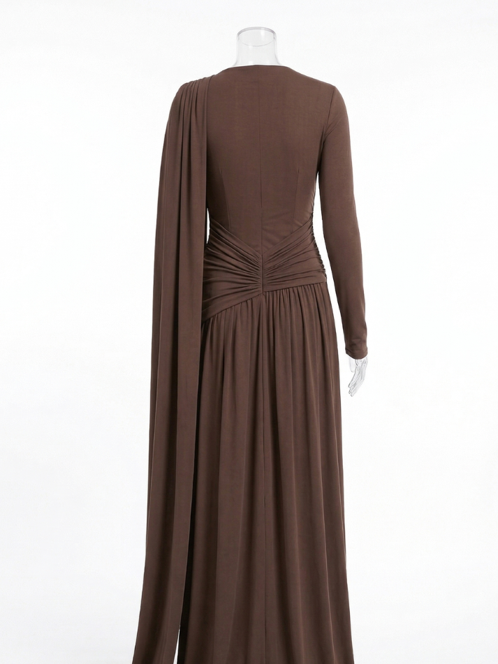 Asymmetrical long-sleeved maxi dress with draping