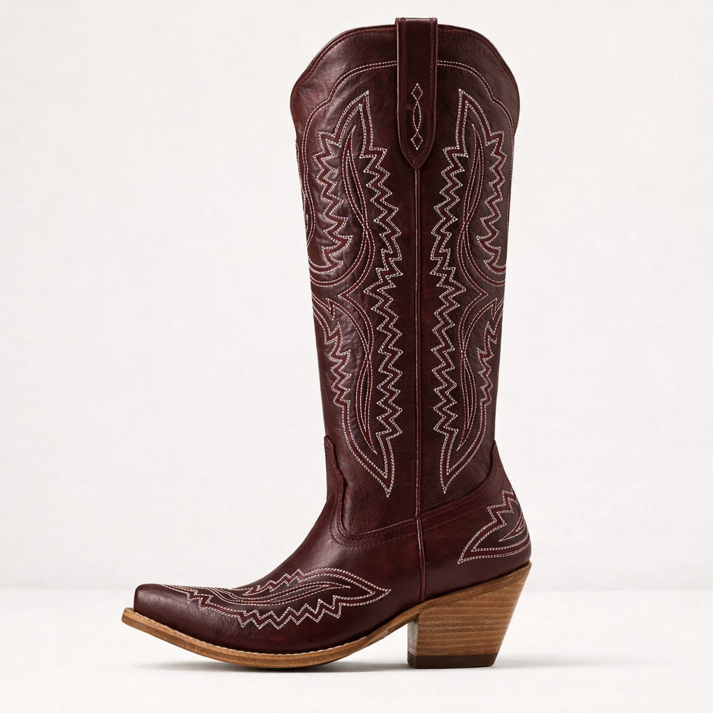 Patterned zip-up stacked pointed-toe tall boots