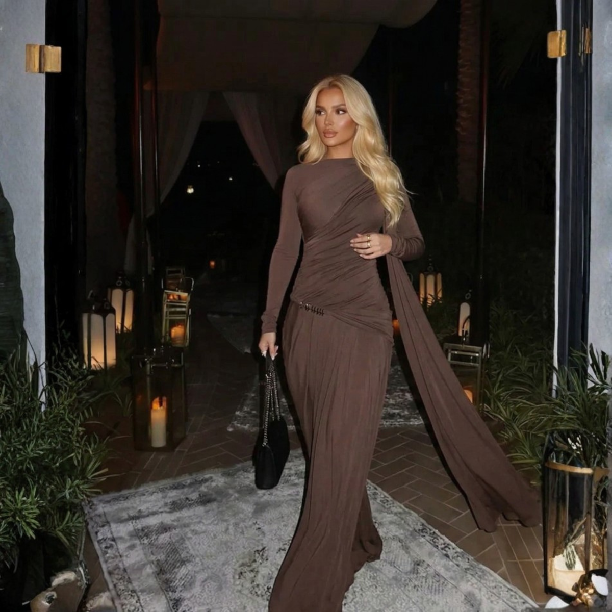 Asymmetrical long-sleeved maxi dress with draping