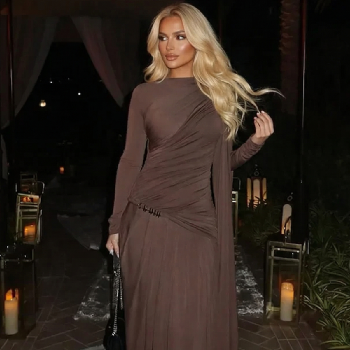 Asymmetrical long-sleeved maxi dress with draping